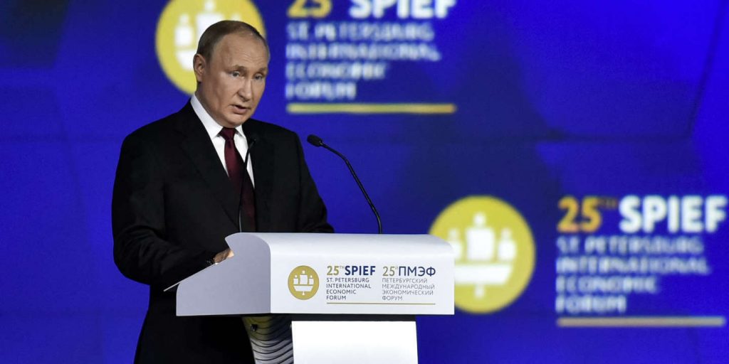 Russian President Vladimir Putin gives a speech at a plenary session of the Saint Petersburg International Economic Forum (SPIEF) in Saint Petersburg on June 17, 2022. (Photo by Olga MALTSEVA / AFP)